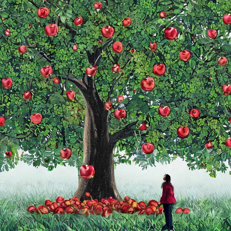 a person observes a big tree of apples, some apples are falling